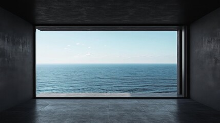 Minimalist open space with a panoramic window showcasing the ocean