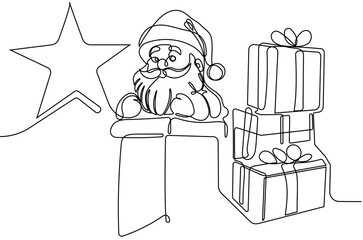 Vector hand drawn Christmas concept sketch. Santa Claus driving car with open bag full of presents. Lettering Christmas concept. Vector illustration