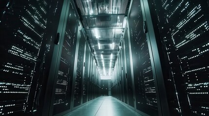 Data center operations server room digital infrastructure high-tech environment low angle technology advancements