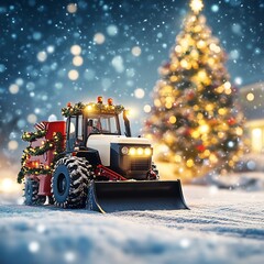A festive tractor adorned with garlands, ornaments, and glowing lights