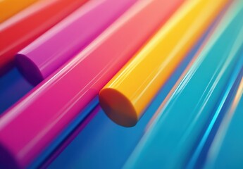 A colorful line of plastic tubes are shown in a blue background