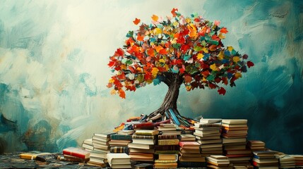 Vibrant tree with colorful autumn leaves on stacked books, stunning artistic background, literature inspired artwork