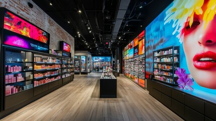Modern retail space; colorful displays, beauty products.