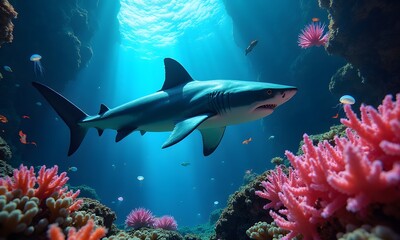 Small Fishes swimming in an aquarium with a big shark nearby in a tropical ocean, Generative AI