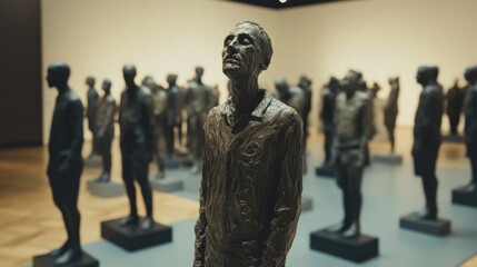 A single bronze sculpture of a man looking upwards, surrounded by many other similar, smaller sculptures in a gallery.