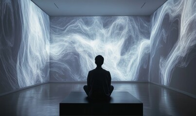 Fototapeta premium Person meditates before large, luminous, abstract projection.