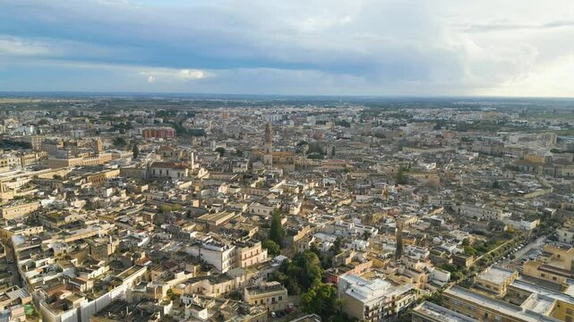 Aerial drone view of the historic city center in Lecce, a town in Puglia, southern Italy.