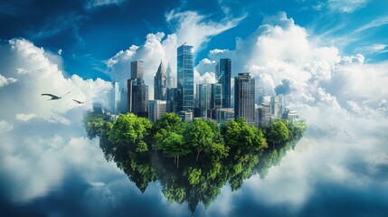 Fototapeta premium Floating city, lush trees, clouds, calm water.