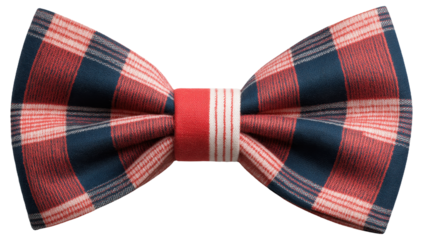 Red and blue plaid bow tie with a white striped center