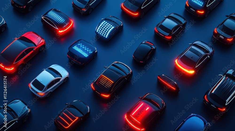 Poster Various LED car headlights and tail lights are elegantly arranged, showcasing vibrant colors and ample space available for text placement. Generative AI