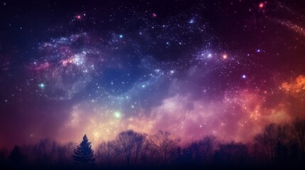 Fototapeta premium Night Sky Galaxy Stars Milky Way Trees Silhouette Scenic Landscape Celestial Cosmos Universe Starlight