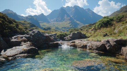 Serene Mountain Stream: Tranquil Flowing Water with Sunlight and Lush Greenery