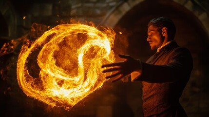 A wizard is holding a flaming orb in his hand. The flames seem to be dancing in the air