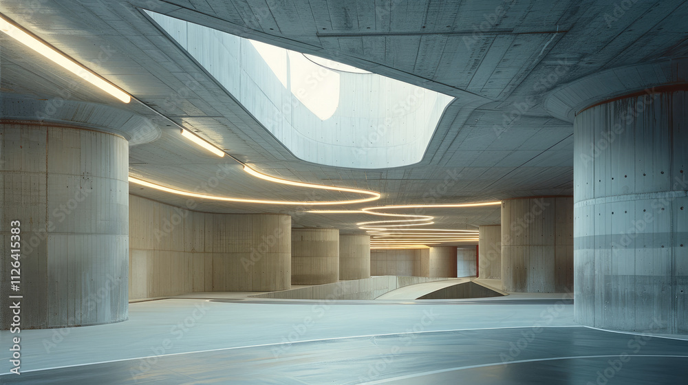 Poster a concrete car park with curved walls and an open space.