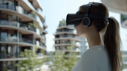 Fototapeta premium Woman wearing headset, viewing cityscape, modern buildings.