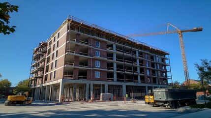 Fototapeta premium Modern residential building under construction with cranes in a sunny urban environment