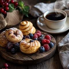 fresh pastries with berries and coffee on a rustic table