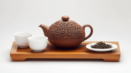 A calm Chinese tea set displayed on a wooden tray aga