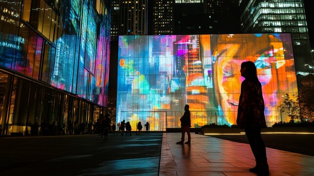 Night scene: colorful projected art, city buildings, people silhouetted.
