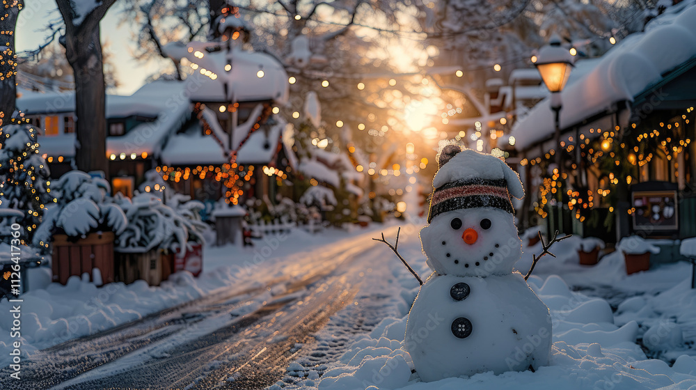 Poster a whimsical snowman with button eyes and a carrot nose, standing on a snowy street filled with festi