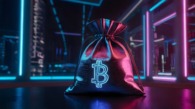 Bitcoin Fortune: Neon-lit riches. A shimmering Bitcoin bag sits in a futuristic, neon-drenched cityscape, symbolizing digital wealth and cryptocurrency success.