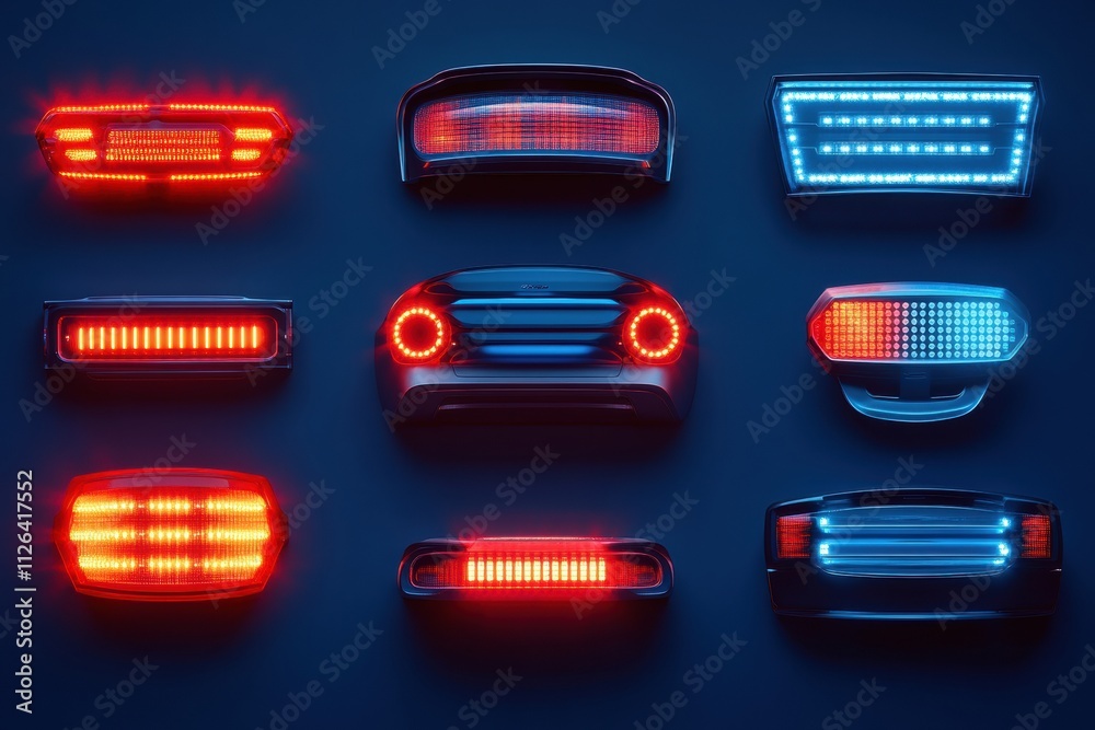 Aufkleber Various LED car headlights and tail lights are arranged creatively on a dark background, providing room for additional text or branding. Generative AI