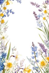 Watercolor English Wildflowers Border for Decorative Pages, Invitations, or Greeting Cards Generative AI