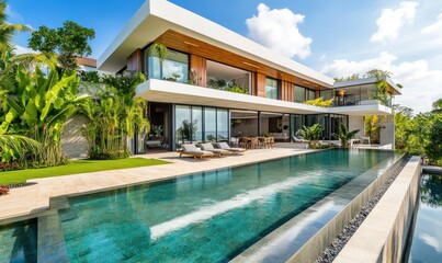 Fototapeta premium Luxury tropical villa with expansive pool, vibrant greenery, and seamless indoor-outdoor living surrounded by exotic plants