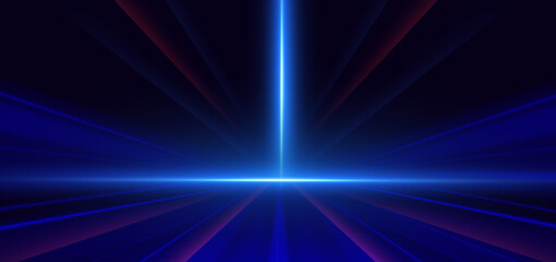 Abstract futuristic glowing blue and red neon light ray with speed motion moving on dark blue background.