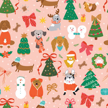 Christmas dog seamless pattern on the pink background. Vector cute dogs, puppies, Christmas tree, bow knots print. Funny kids New Year wallpaper, background with pets, gift paper, textile design.