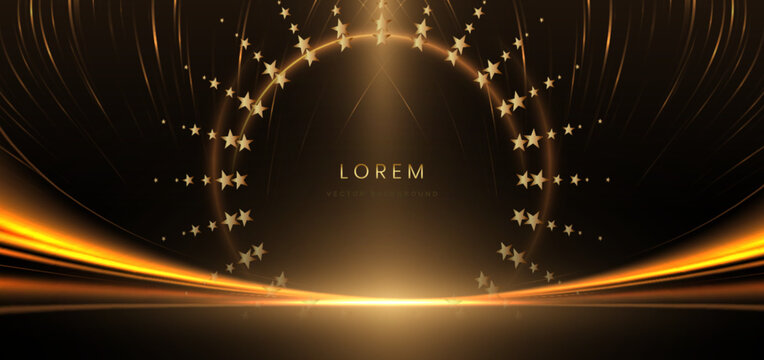 Scene glowing golden ray with strar lighting effect on black background.