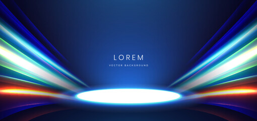Abstract scene glowing curved ray lines curved on dark background with podium glowing neon lights in futuristic.