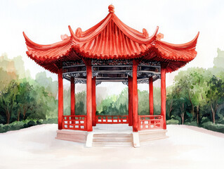 Elegant red pagoda surrounded by lush greenery in serene setting