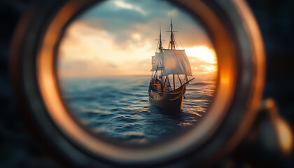 A ship seen through the lens of a spyglass, its edges blurred for a dreamlike effect.  Generative AI.