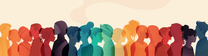 Diverse group silhouette of multicultural people seen from the side. A community of colleagues or collaborators. Negotiation, agreement, or pact. Collaborators co-workers and harmony