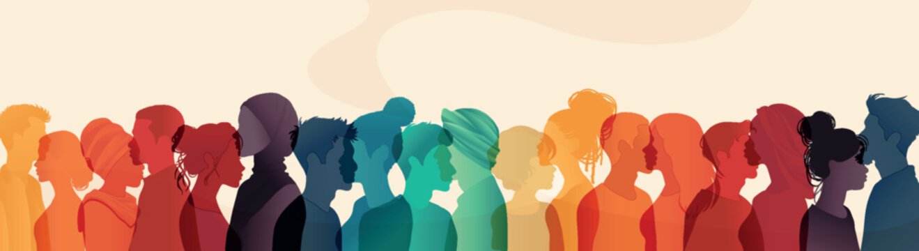 Diverse group silhouette of multicultural people seen from the side. A community of colleagues or collaborators. Negotiation, agreement, or pact. Collaborators co-workers and harmony