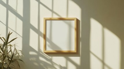 An empty blank white wooden frame hanging on a wall, mockup design, professional product photography, minimalism
