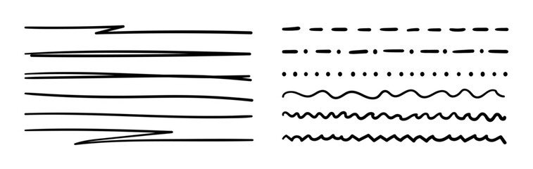 Hand drawn brush underline strokes. Vector set of doodle sketch ink lines, scribble pencil borders