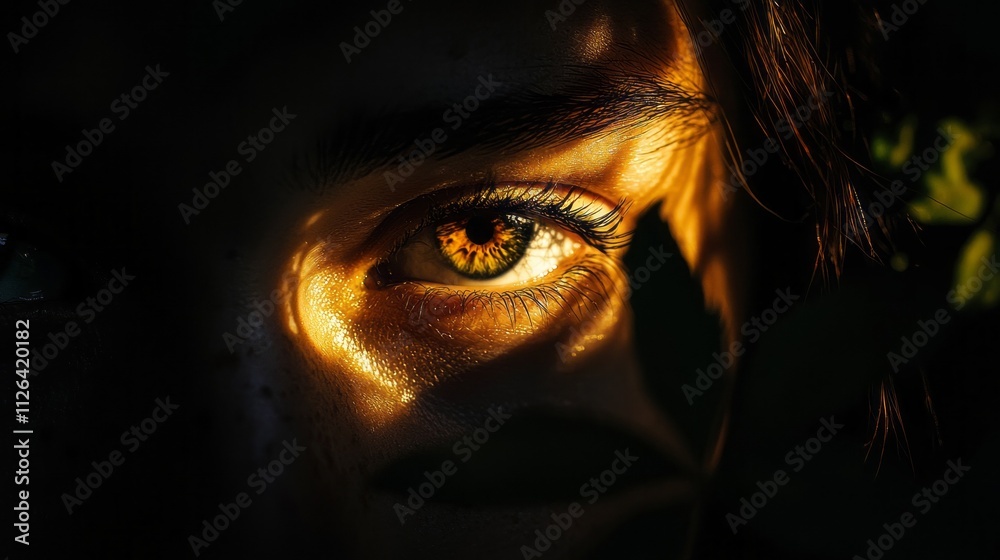 Poster a single eye glows with warmth as light cuts through darkness, revealing intricate details. surround