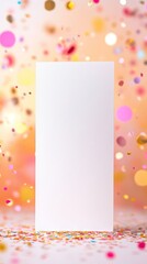 Blank White Birthday Card Standing Up with Subtle Bokeh Confetti Background, Ideal for Birthday Party Invitations or Greeting Cards Generative AI