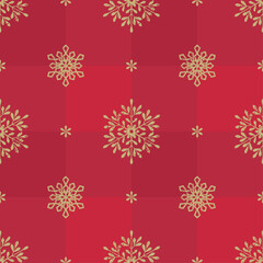 Elegant gold snowflakes on red checked plaid seamless pattern, Christmas background.