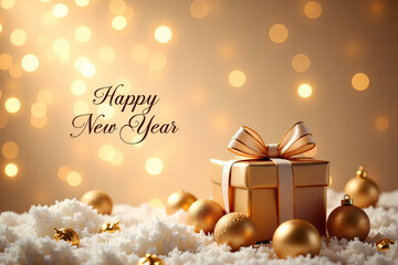 Beautiful sleek gift and golden ornament for happy new year, 2025, celebration, holiday, greeting card, mockup, poster, festive, design, party, luxury, elegance, golden, event, backdrop, wallpaper