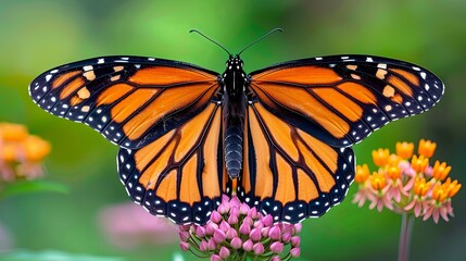 Fototapeta premium Monarch Butterfly with Wings Spread Open on Pink Flowers