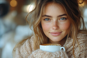 AI generated image of lovely woman enjoy coffee break in the morning