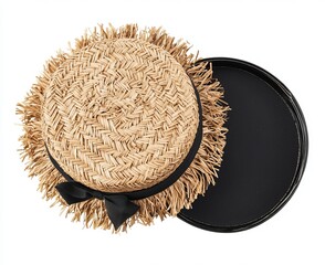 An overhead shot of a cardboard box with its lid open, revealing shredded wood excelsior or wood wool inside, showcasing eco-friendly wrapping material. The photo is taken in a studio with a white