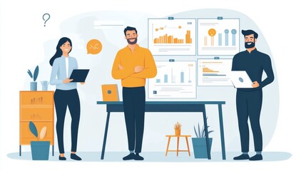 Group of Smiling Entrepreneurs Standing in Front of Charts