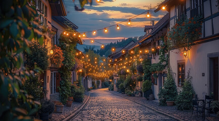 Obraz premium A small lights hanging between the houses and greenery on the facade, and cobblestone on the ground.