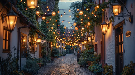 Fototapeta premium A small lights hanging between the houses and greenery on the facade, and cobblestone on the ground.