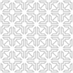 Seamless abstract geometric pattern, consisting of interconnected thin lines on a white background forming a regular and repeating structure. Suitable for various creative projects.