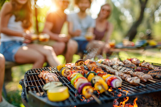 Generative AI Image of a Happy Family Gathering with Smiling Kids and Grilled Food at an Outdoor BBQ Picnic